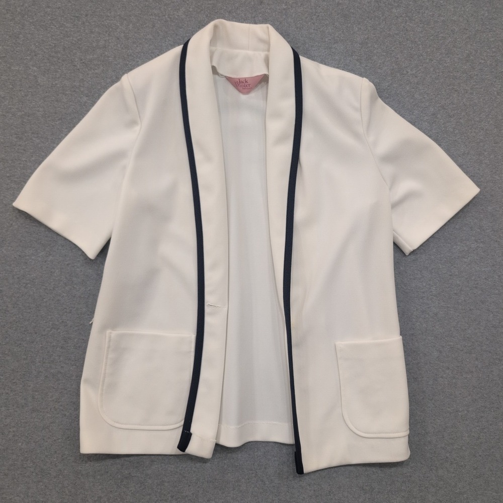 Vintage Jack Winter Womens White Short Sleeve Open Front Blazer Jacket Navy Trim